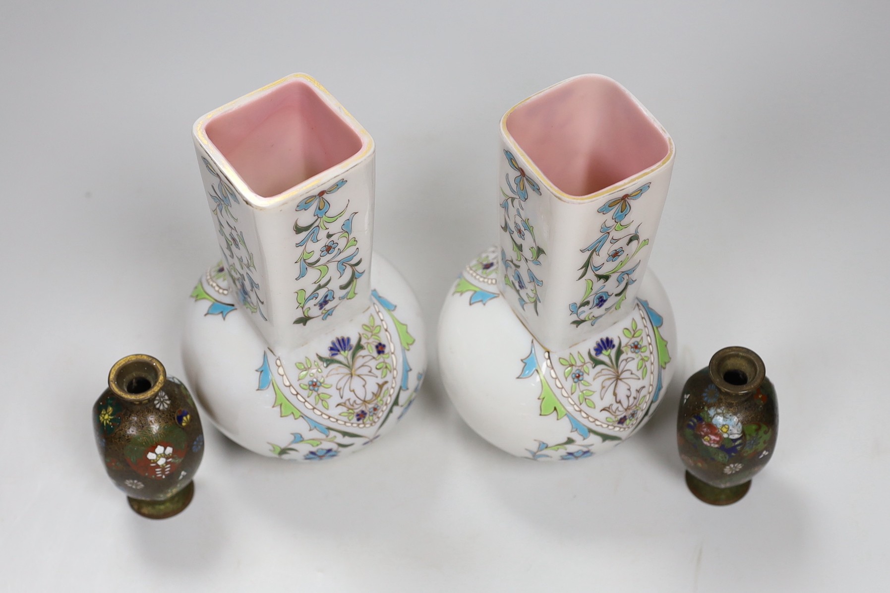 A small pair of Japanese cloisonne vases and a pair of French enamelled glass vases